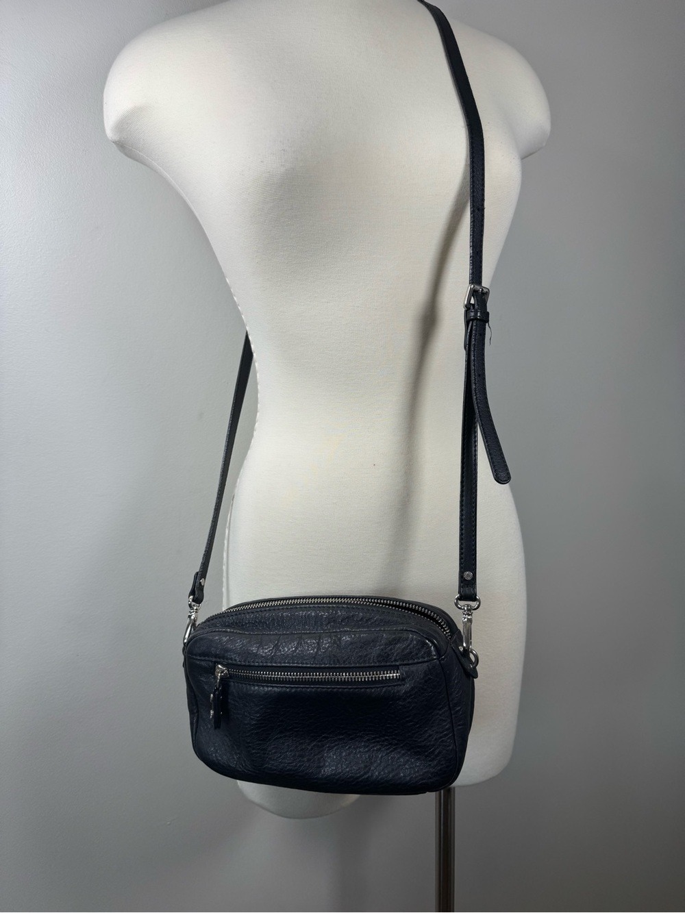 Danier Black Leather Crossbody with Front Zip Pocket